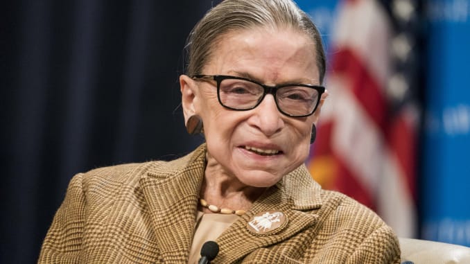 Supreme Court Justice Ruth Bader Ginsburg guest speaking at a lecture on February 10, 2020 at Georgetown University in Washington D.C. (Photo Credit: Sarah Silbiger/Getty Images) (Courtesy of CNBC)