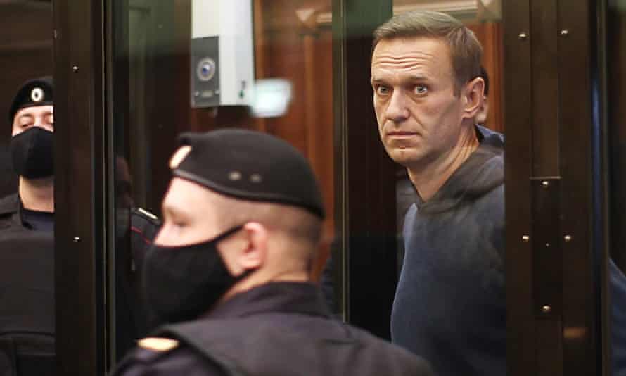 Navalny was sentenced to two years and eight months in prison for violating the parole rules of a 2014 conviction (Courtesy of the Guardian).