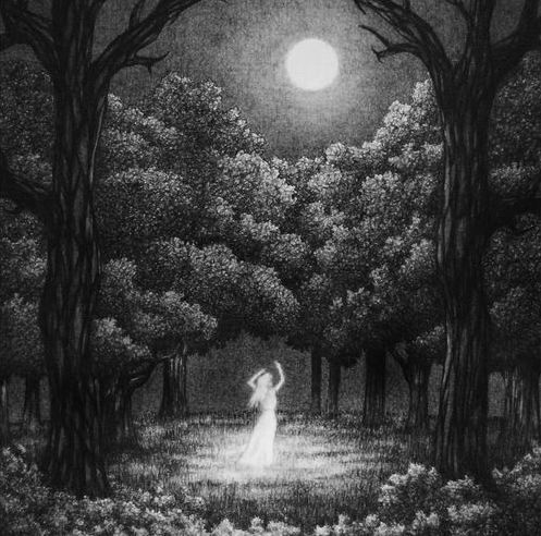Artwork of a woman dancing under the moon.