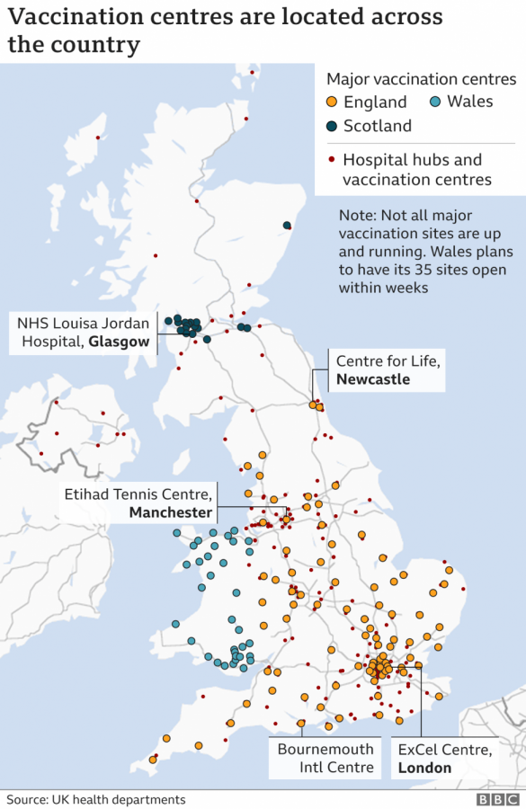 A map of COVID-19 vaccination centers across the United Kingdom.