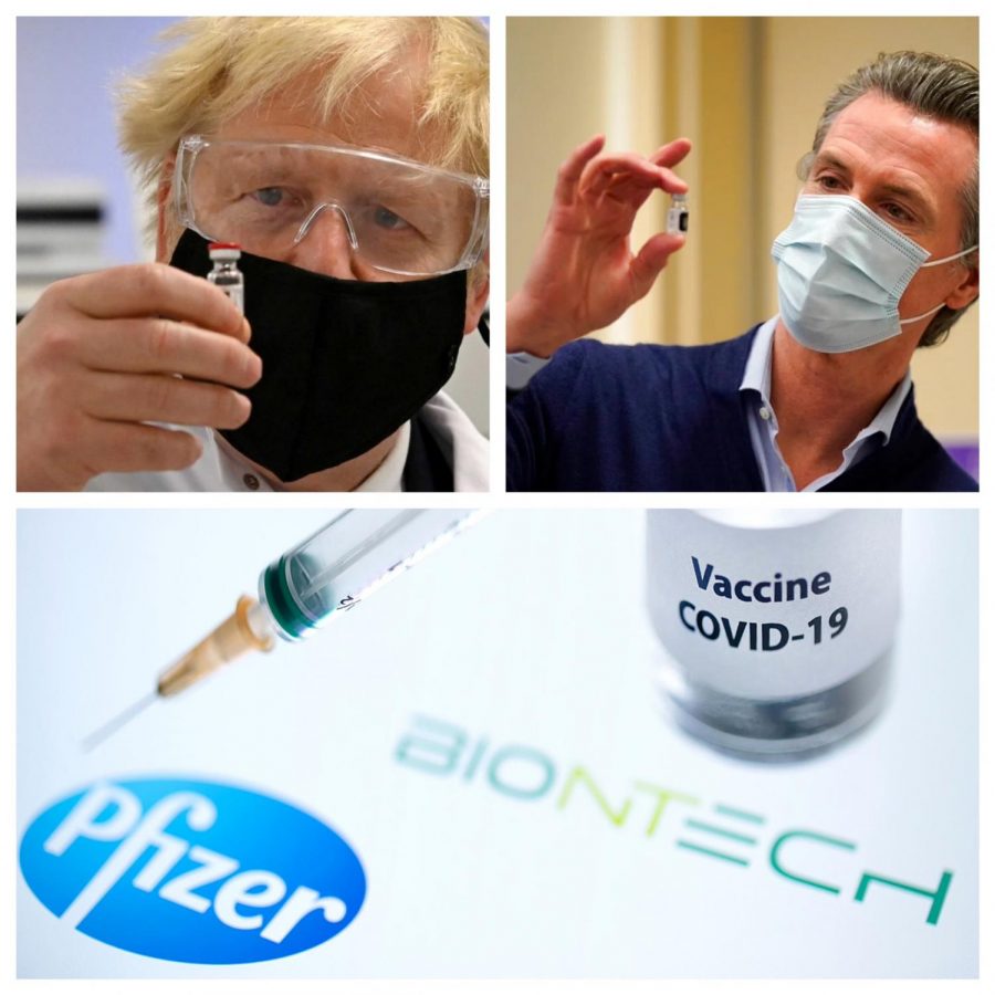 British PM Boris Johnson and Californias Governor Gavin Newsom observing COVID-19 vaccines.