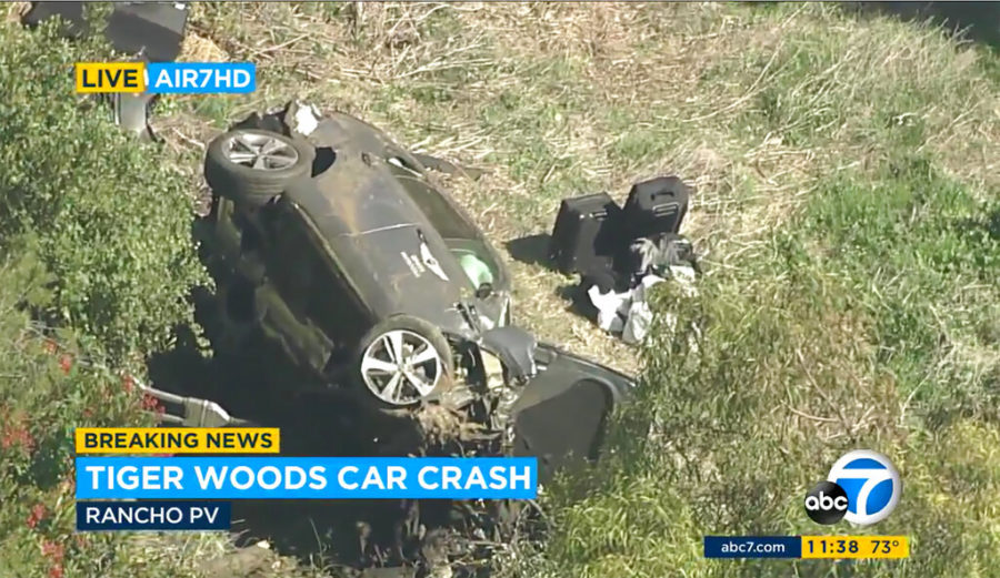 In this aerial image take from video provided by KABC-TV video, a vehicle rest on its side after a rollover accident involving golfer Tiger Woods along a road in the Rancho Palos Verdes section of Los Angeles on Tuesday, Feb. 23, 2021. Woods had to be extricated from the vehicle with the jaws of life tools, the Los Angeles County Sheriffs Department said in a statement. Woods was taken to the hospital with unspecified injuries. The vehicle sustained major damage, the sheriffs department said. (KABC-TV via AP)